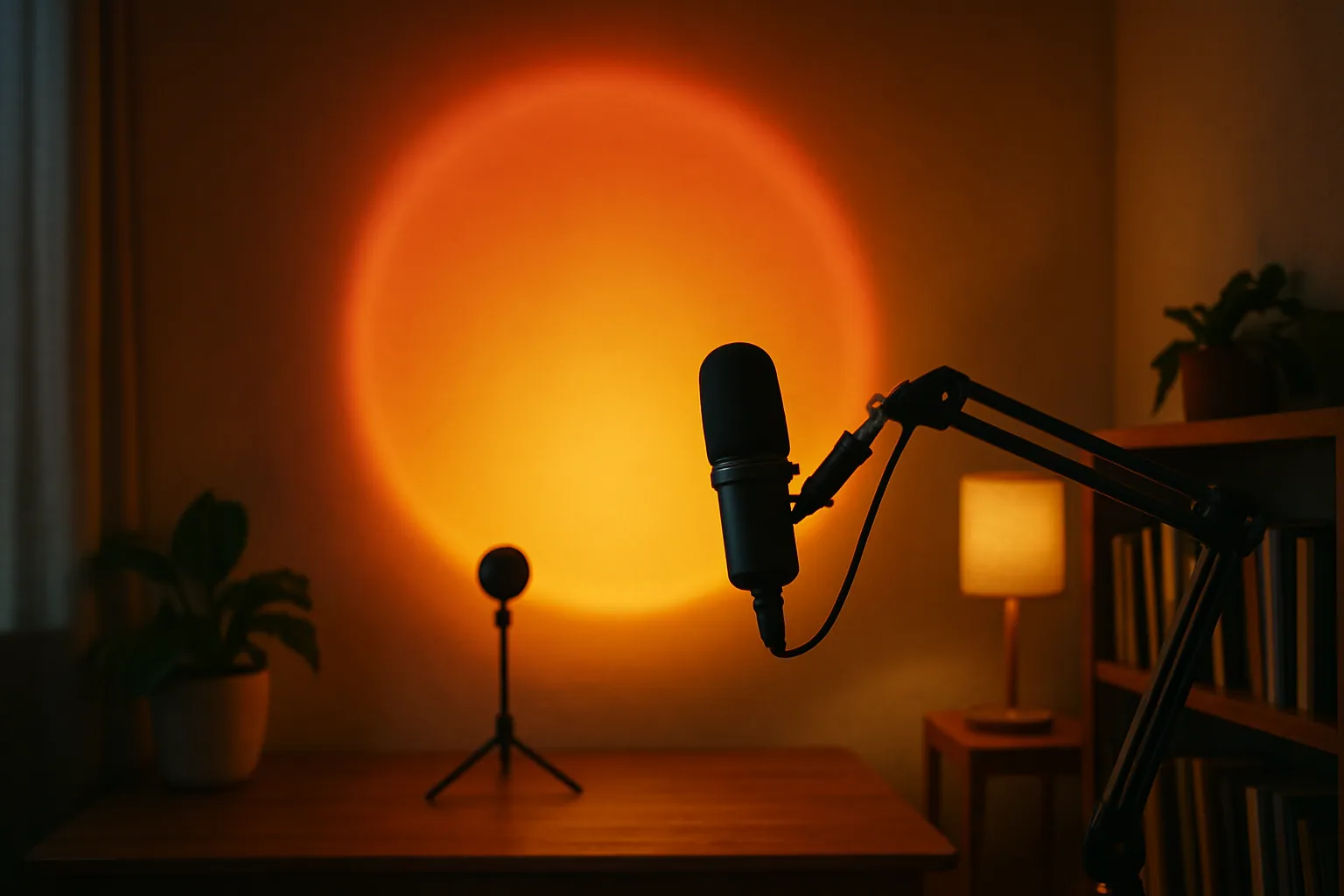 Minimal apartment corner lit by a warm sunset lamp against deep shadows
